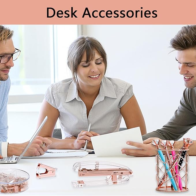 Office Supplies,Desk Accessories,with Stapler,Tape Dispenser,Pen Holder Cup for Desk,Staple Remover,Scissor,Ballpoint Pen,Clear Tape, Staples,Phone Stand,Ruler,Binder,Best Gift Set(Rose Gold)