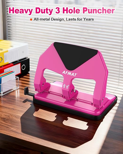 AFMAT HP20 Heavy Duty 3 Hole Punch, 60% Reduced Effort, 50-Sheet 3 Hole Puncher for Binder, 10,000+ Uses, Metal Three Hole Punch for Home Office School, w/Large Chip Tray, Paper Guide