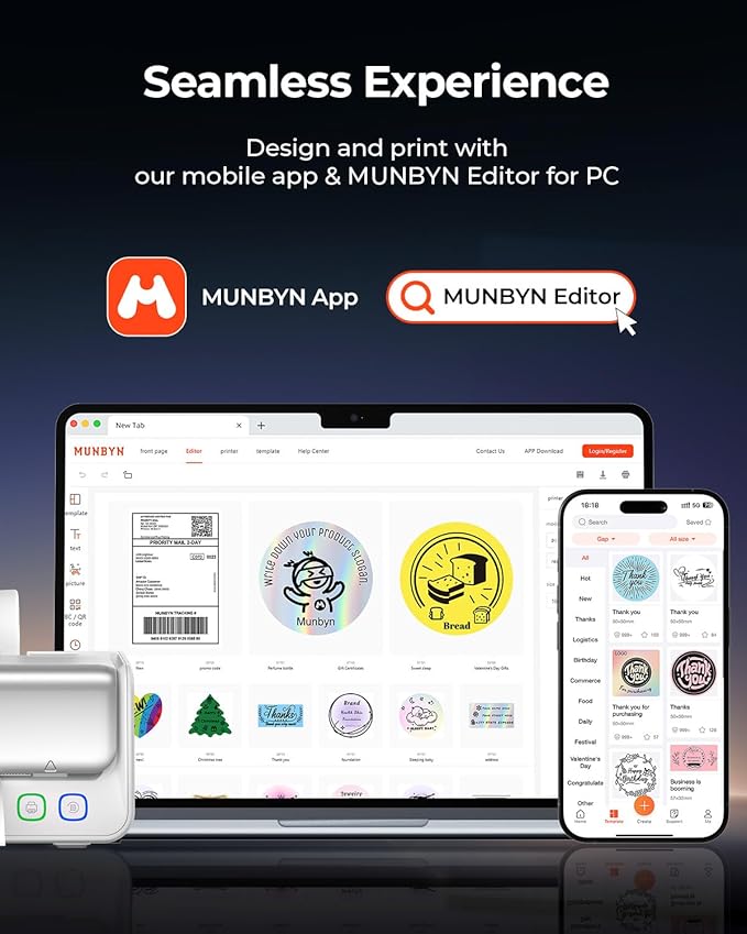MUNBYN Replaceable Print-Head Bluetooth Thermal Label Printer with Paper Holder, RW405B, Wireless 4x6 Shipping Label Printer for Small Businesses Compatible with Mac, Windows, iPhone, Android, Chrome
