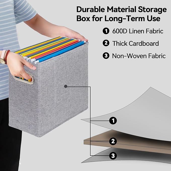 6 Packs Letter Size File Organizer, File Folders Organizer, Fabric Storage Box, Collapsible Paper Organizer with Metal Handle, Smooth PVC Rails, Only Box (Gray)