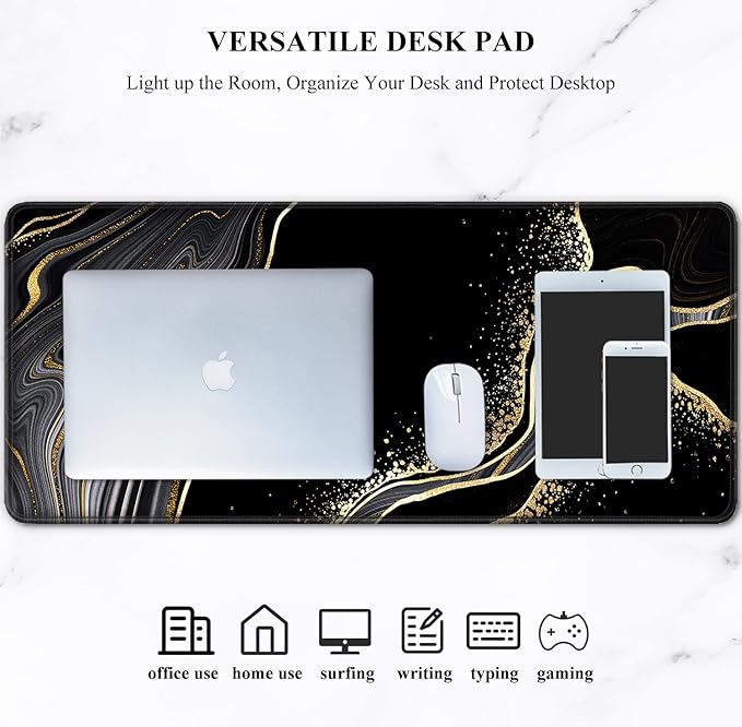 Auhoahsil Desk Pad, XL Extended Large Gaming Mouse Pad 31.5 x 11.8 Inch, Waterproof Mousepad with Stitched Edges, Non-Slip Computer Keyboard Laptop Mat for Women Men Office Work, Black Gold River