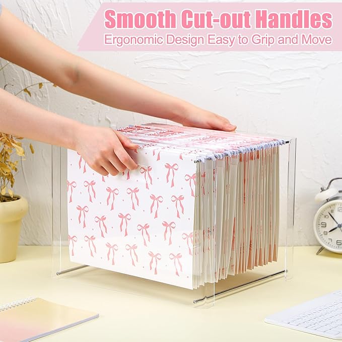 24 Hanging File Folder with Acrylic Organizer for Letter/a4 Size Desktop Clear File Storage Box with Handles for Home Work Office Use(Pink,Bow)