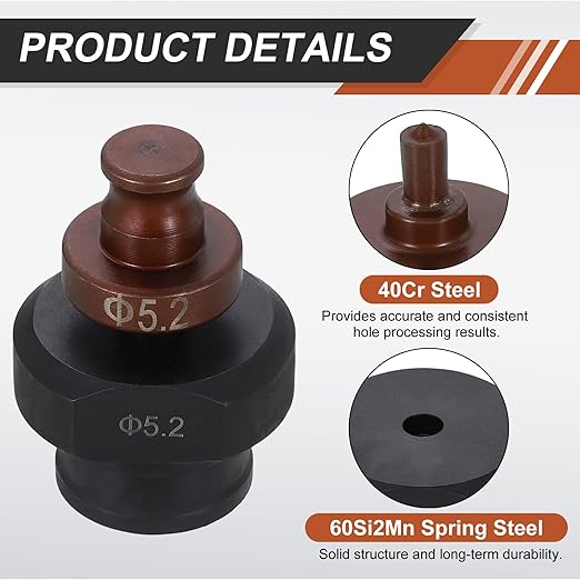 HARFINGTON Hydraulic Hole Punch Die 5.2mm Round Hole 40Cr Steel Electric Punching Kit for MHP-20 JP-20 Electric Punching Machine, Burgundy & Black