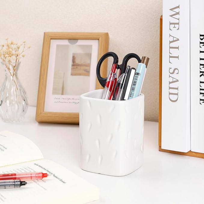 Ceramic Pen Holder for Desk, Makeup Brush Holder, Pencil Holder Stand, Pencil Cup Pot with Raindrop Design, Dual Use Desktop Organizer for Office, Home, School, Vanity