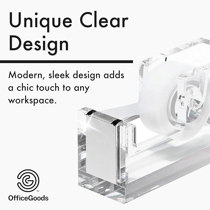 OfficeGoods Acrylic Tape Dispenser – Modern Desk Organizer for Office Supplies – Heavy Duty Refillable Tape Holder for Home and School Crafting – Stylish Desktop Accessory for Gift Wrapping, Silver