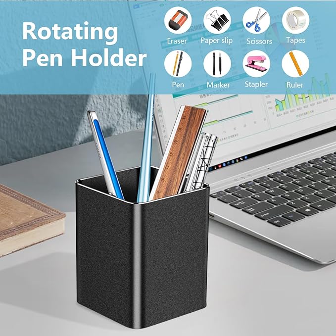 Pen holder,square pen cup, Metal pen pencil holder, desktop pencil cup stationery organization office desktop accessories, suitable for office, school, home and stationery supplies. (Black)