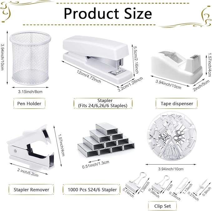Office Supplies,Desk Accessories, Stapler and Tape Dispenser Set for Women with Stapler, Tape Dispenser, Staple Remover, Staples, Clips, Scissor and Tabs,Gift for Students, Coworkers