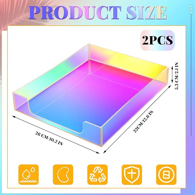 Maxcheck 2 Pcs Iridescent Acrylic Letter Tray Organizer Stackable Desk Paper Tray with Non Slip Rubber for Office Accessories Desk File Document Folder Notebooks Stationery