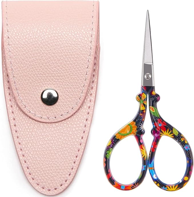 3.6 inch Small Sewing Scissors, Mini Scissors in a Pouch, All Purpose with Leather Sheath Cover, Black Flower
