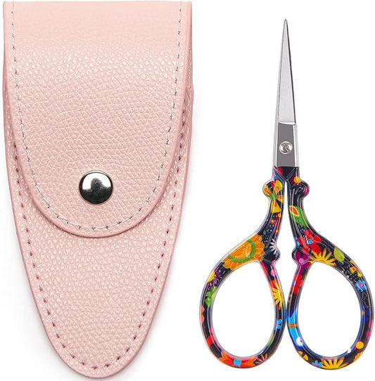 3.6 inch Small Sewing Scissors, Mini Scissors in a Pouch, All Purpose with Leather Sheath Cover, Black Flower