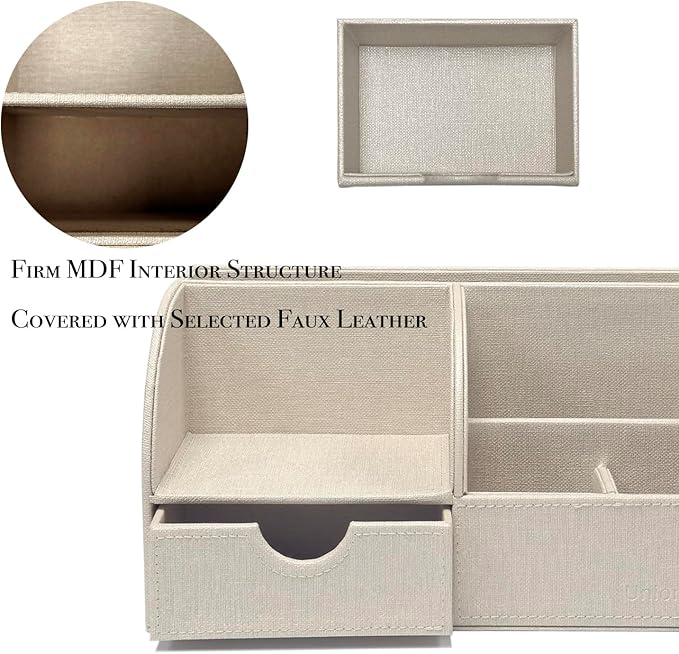 UnionBasic Desk Organizer - Multifunctional Leather Desktop Pen Holder Storage Box - Business Card/Pen/Pencil/Mobile Phone/Stationery Holder, Beige Linen Texture Revised