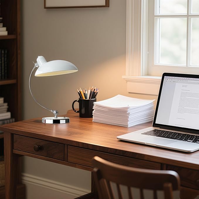 Industrial Vintage Metal Desk Lamp - Glossy Electroplated, Adjustable Arm & Shade, Button Switch - Perfect for Bedroom Nightstand/Office Study/Reading - Retro Table Lamp(White)