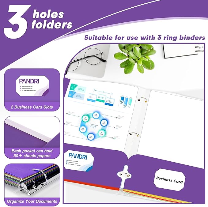 Two Pocket Portfolio Folders, PANDRI 60 Pack 3 Hole Punched 2 Pocket Folders for 3 Ring Binder, Letter Size Paper File Folder for School Office Home Business, Purple