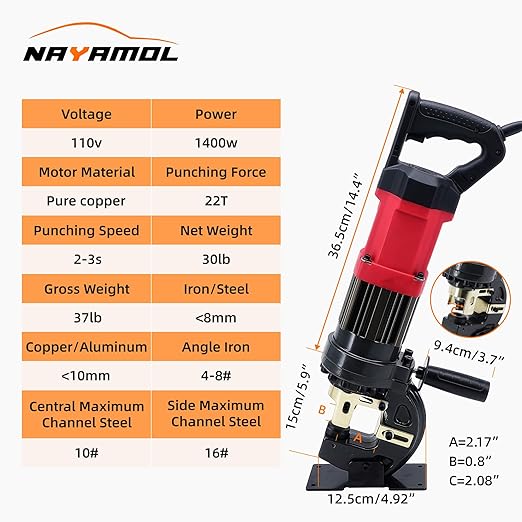 1400W Electric Hydraulic Hole Puncher, 22T Heavy Duty Metal Punching Machine with 5 Dies Φ1/4" 5/16" 1/2" 11/16" 13/16"- 110V Precision Hole Punch for Metal Plate Aluminum Copper Iron Steel (MHP-20)