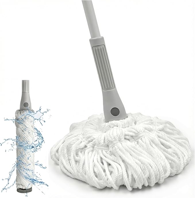 TRENNCHI Self Wringing Mop for Floor Cleaning with 2 Reusable Heads, Easy Wringing Twist Mop with 55 Inches Long Handle and Top Scouring Pad, Wet and Dry Mops