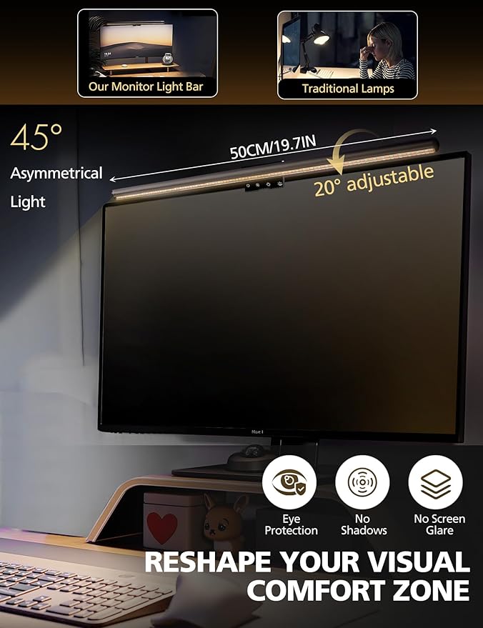 Monitor Light Bar for Computer with Auto Dimming, Memory Function and Stepless Dimmable Brightness & Color Temperature, 19" Monitor Lamp for Home Office, Ra97 Touch Control Desk Lamp