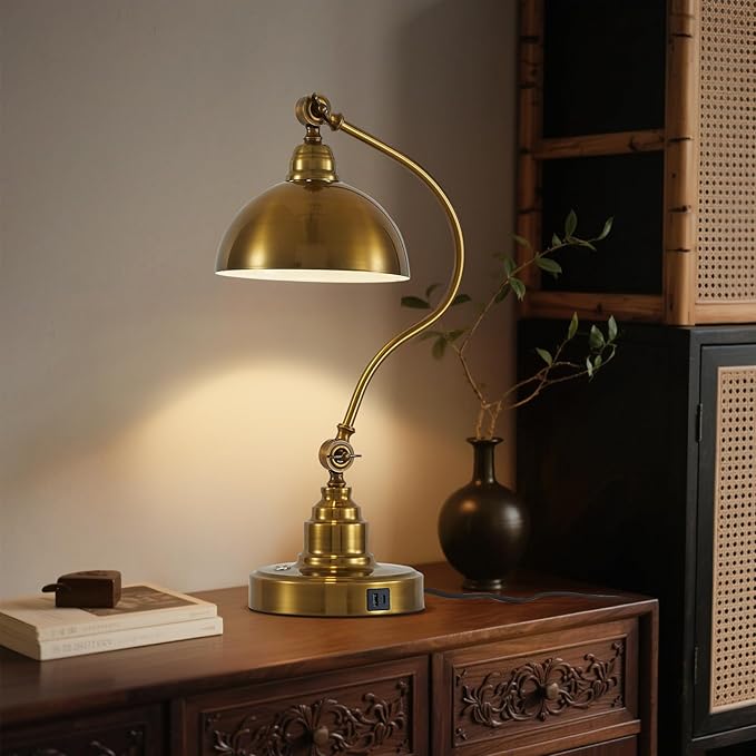 Vintage Gold Desk Lamp Decorative Table Lamp for Home Office Living Room Bedroom Desk Light, Rustic Industrial Farmhouse Antique Library Study Desk Lamp E26 LED Bulb Included