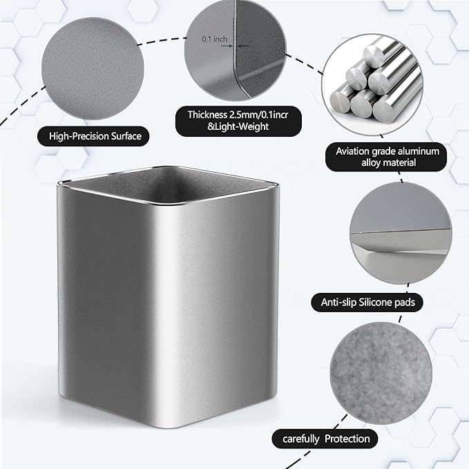 RQB Metal Pen Holder for Desk Square Aluminum Desktop Organizer and Makeup Brush Holder Storage Box for Office, School, Home, and Kids, Non-slip silicone 4×3.15inch-Gray