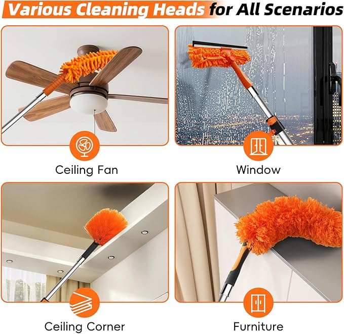 DALTACK 32 Foot High Dusters Kit for Cleaning with 5.6-24 Foot Heavy Duty Extension Pole, Extendable Reusable Cobweb, Feather, Ceiling Fan Cleaner Duster, Window Squeegee Kit