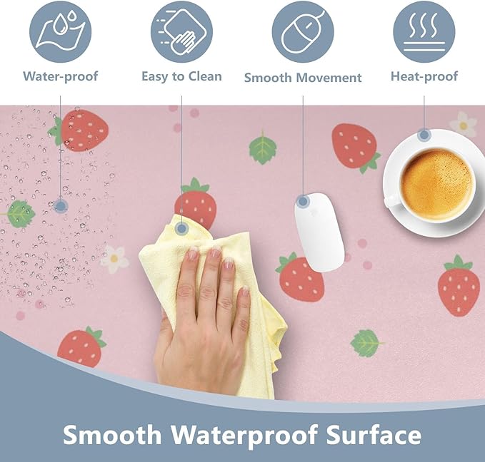 Mouse Pad Desk Mat Leather Desk Pad Large Gaming Desk Cover Protector Mat for Keyboard Computer Laptop Office Waterproof 35.4 x 16.5 Inch Cute Strawberry