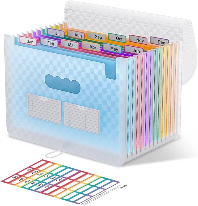 ThinkTex Accordion File Organizer, 12 - Pocket Expanding File Folders for Paper Receipts, Bills&Taxes Organizer, Letter/A4 Size Document Holder for School, Office, Home with Colorful tabs- Blue