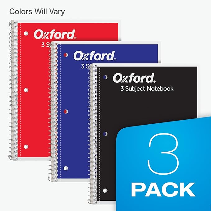 Oxford Spiral Notebooks, 3 Pack, 3 Subject, College Ruled Notebooks for School, 8 x 10.5 Inches, 120 Sheets, 2 Dividers, Assorted Colors, Back to School Supplies (65202)