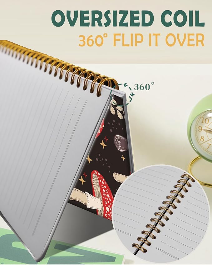 Ruled Spiral Writing Notebook,A5 Hardcover Lined College Journal for Women,Strong Twin-Wire Binding with Premium Paper,8.4" X 6",Perfect for School,Office,Home(Cute Mushroom)