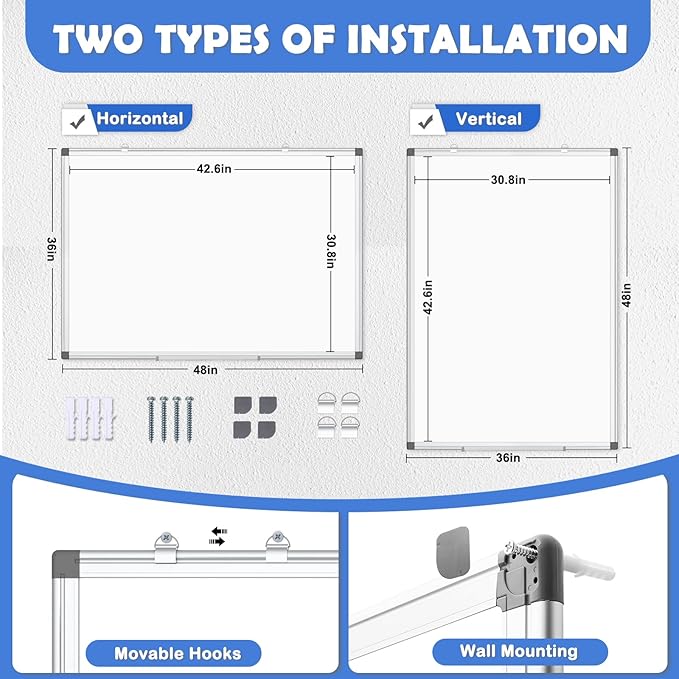 WALGLASS Large Whiteboard, 48" x 36" Double-Sided Large Dry Erase White Board for Wall, Hanging Whiteboard with Silver Aluminium Frame for Home, School, Office, Kitchen