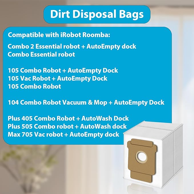 Dirt Disposal Bags Compatible with iRobot Roomba Essential Vac 2 Q0520,105 Vac,105 Combo, 104 Combo, Plus 405/Plus 505 Combo, Max 705 Vac, Replacement Dust Bags Vacuum Cleaner Parts
