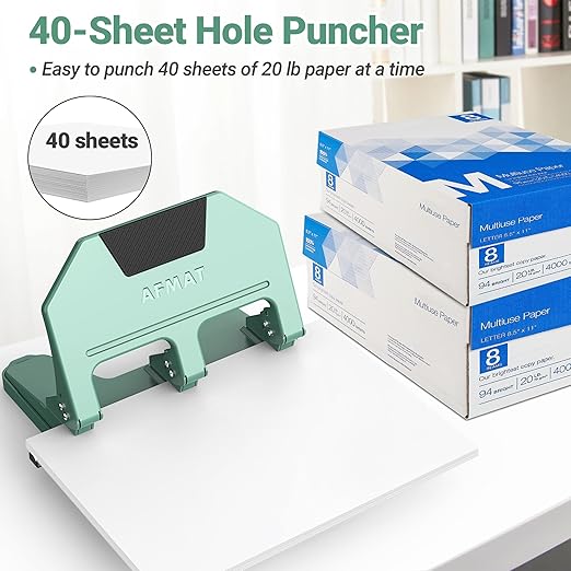 AFMAT HPX3 Heavy Duty 3 Hole Punch, 40-Sheet 3 Hole Puncher for Binder, Metal Three Hole Punch w/ 10,000+ Uses, 50% Reduced Effort, Bulit-in S.S. Paper Guide, Large Chip Tray, Green