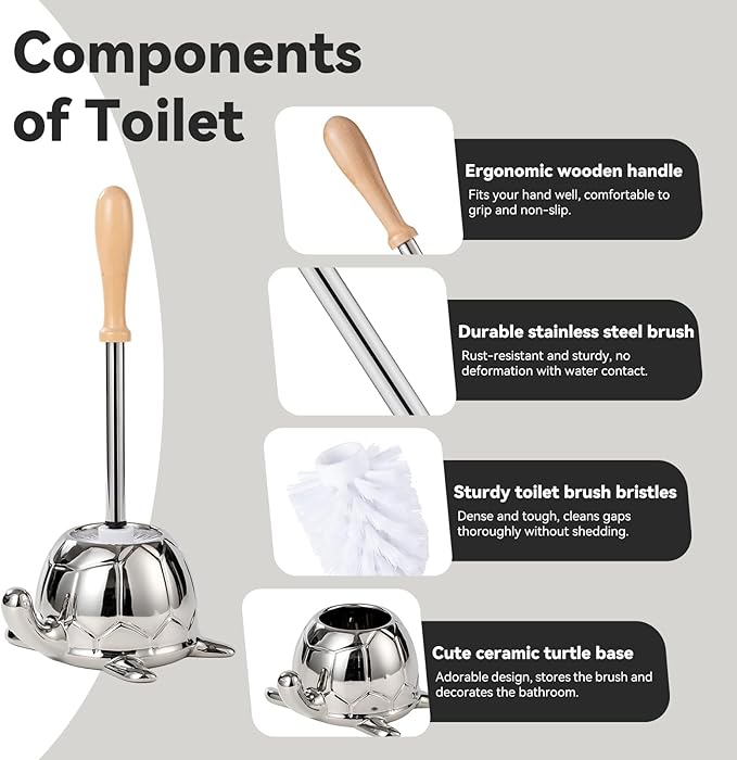 Toilet Brush and Holder Set, Ceramic Turtle Base Toilet Brush Set - 7.5” Bowl Cleaner, Toilet Scrubber Brush with Ergonomic Handle (Silver)