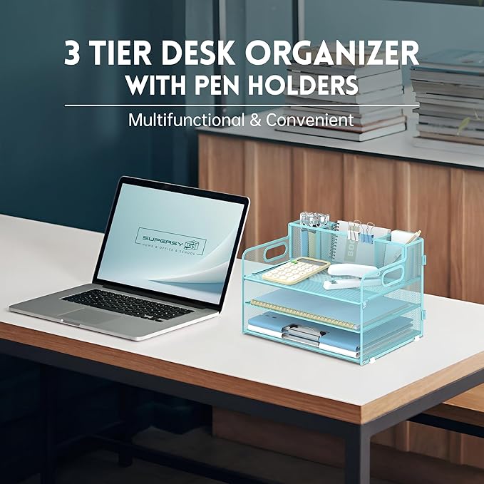 SUPEASY 3 Tier Desk Organizer with Handle & 3 Pen Holders, Mesh Paper/File Organizer for Desk, Paper Letter Tray Organizer for Office Supplies (Light Blue)