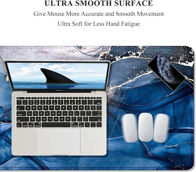 Auhoahsil Large Mouse Pad, XXL Desk Pad, Extened Mousepad 31.5" x 11.8", Non-Slip Rubber Base, Stitched Edges, Superior Surface, Gaming Keyboard Mat, Waterproof Desk Pad, Ink Navy Marble