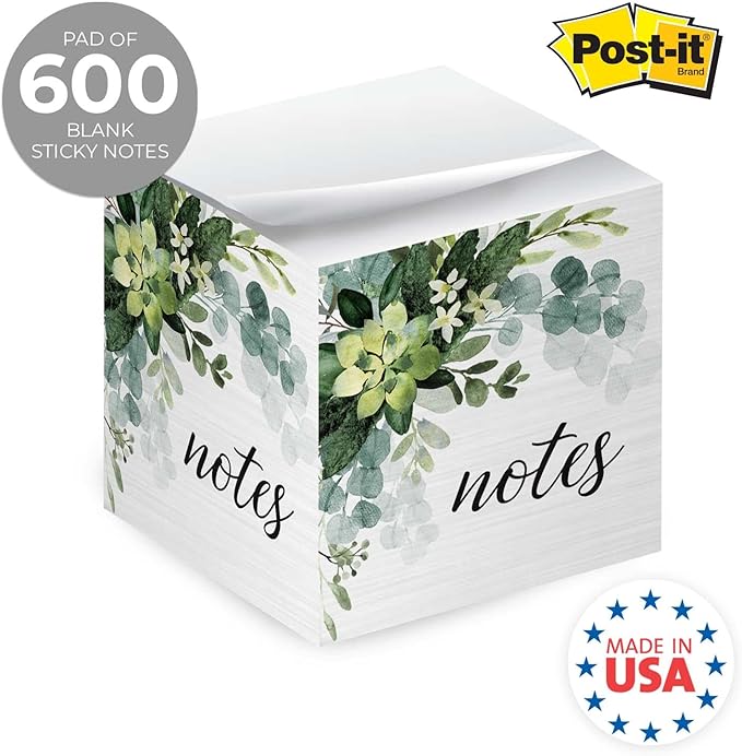 Lush Greenery Sticky Note Cube / 600 Sheets / 2.75" Memo Block Printed On 4 Sides/Trendy Botanical Design/Made in The USA