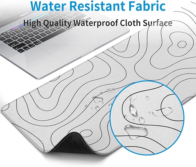 White Large Gaming Mouse Pad Desk Pad Topographic Map Big Keyboard Mat 31.5x11.8inch Computer Mousepad with Stitched Edge Non-Slip Rubber Base