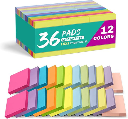 36 Pads Sticky Notes, 1.5x2 inches, Mini Soft Paste Self-Stick Note, 12 Colors Small Sticky Pads Perfect for Office, Study, and Home Life Organization-36 Pack