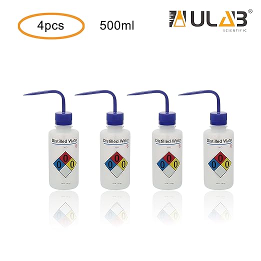 ULAB Safety Wash Bottles, 4pcs of Distilled Water Wide-Mouth Wash Bottles, LDPE Material, Vol.500ml, UWB1024