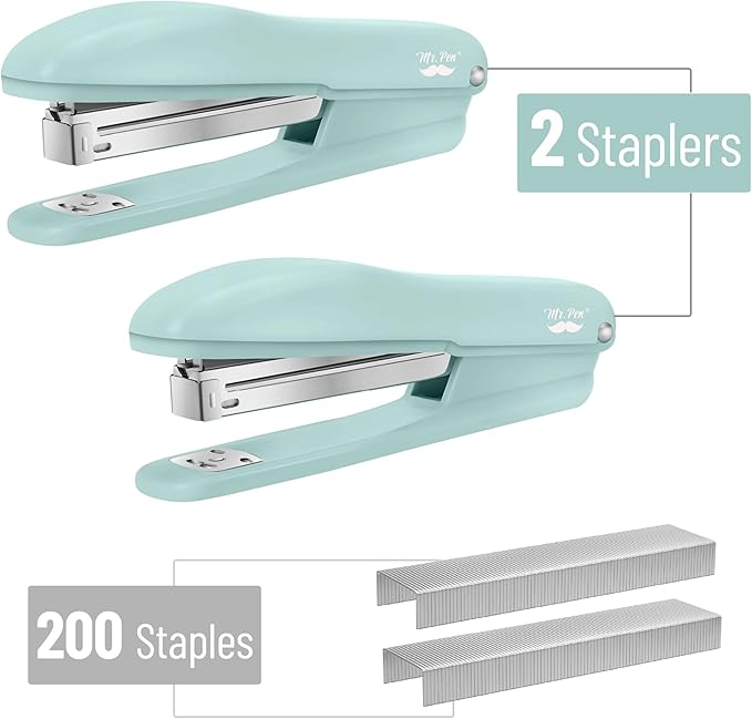 Mr. Pen- Staplers for Desk, 2 Pack with 200 Staples, 20 Sheet Capacity, Green, Office Stapler, Desk Stapler, Stapler with Staples, Stapler Set