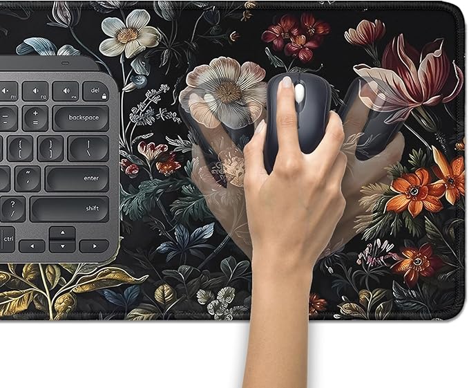 Vintage Aesthetic Mouse Pad,Extended Flower Plant Black Mousepad Desk Pad with Stitched Edges,Non-Slip Waterproof Rubber Base Mouse Mat for Office Computer Keyboard Laptop Home(27.5x11.8 in)