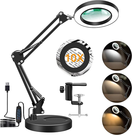 10X Magnifying Glass with Light and Stand, 2-in-1 LED Magnifier Desk Lamp, 3 Color Modes 10 Level Dimmable, Hands-Free Lighted Magnifier for Craft Repair Nail Reading Close Works (Black, Base)