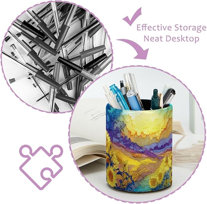 1 Pack Watercolor Art Sunflower Circular Pen & Pencil Holder - Durable PU Leather Pencil Cup, Desk Accessories Organizer for Office Desk School Home