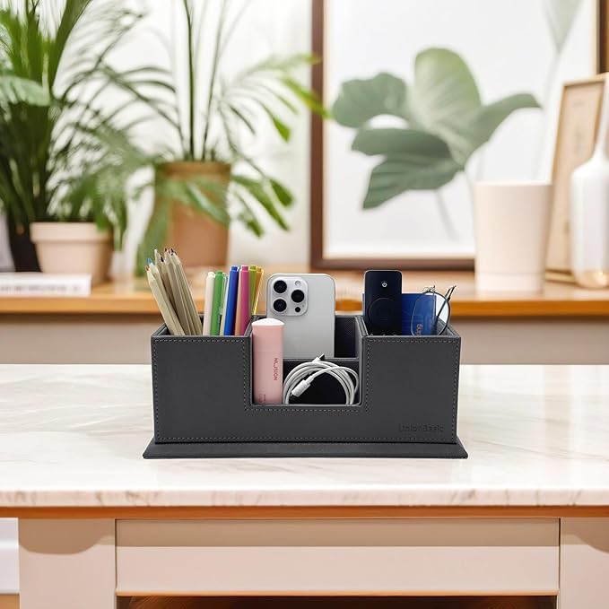 UnionBasic Desk Organizer, Desktop Caddy Leather Multi-compartment Pen Holder Office Stationer Organizer, Gray