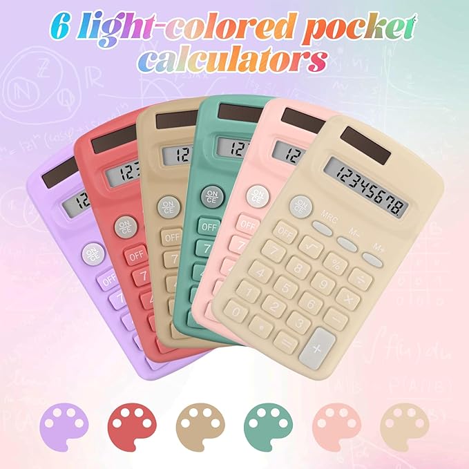 18 Pcs Pocket Size Basic Calculators Bulk for Classroom Solar Battery Dual Power Display Calculator 8 Digit Colored Basic Calculator for Kids Student School Office