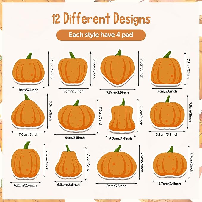 48PCS Fall Pumpkin Sticky Notes Cute Pumpkin Shape Memo Notes Self-Adhesive Fall Memo Notes for School Office Home Supplies Student Teacher Present 12 Styles Total 20 Sheets Each