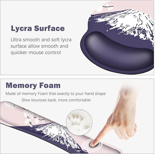 ARTSO Large Mouse Pad Set Ergonomic Keyboard Wrist Rest Support, Memory Foam Gel Wrist Pad, Non-Slip Extended Desk Mat Protector, Pink Sakura Fuji Mountain