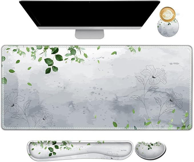 ARTSO Gaming Mouse Pad Wrist Support Set, XXL Large Desk Mat Mousepad + Keyboard Wrist Support+ Mouse Wrist Rest+Coaster 4in1 Ergonomic, Memory Foam -Green Leaves and Line Flower