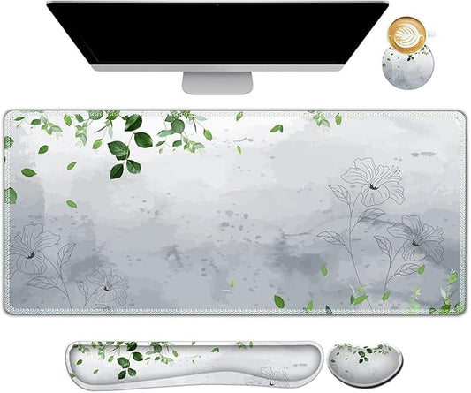 ARTSO Gaming Mouse Pad Wrist Support Set, XXL Large Desk Mat Mousepad + Keyboard Wrist Support+ Mouse Wrist Rest+Coaster 4in1 Ergonomic, Memory Foam -Green Leaves and Line Flower