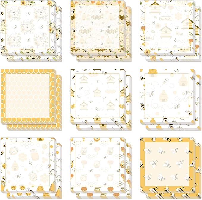 18 Pieces Bee Sticky Notes Adhesive Bee Memo Notes Self-Stick Note Pads for School Office Home Supplies Students Teachers Gift, 9 Styles