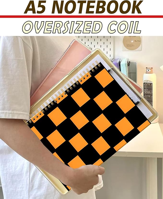 Spiral Notebook A5, Hardcover Journal for Women, 120 Pages Thick College Ruled Paper, Perfect for Office, School, or Home Use(Black and Orange Checkered)