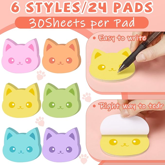 Yinder 24 Pads Cute Sticky Notes Kawaii Fun Animal Sticky Notes Pads Bulk Cartoon Memo Self Adhesive for Veterinary Gift Office School Tab Party Supplies(Novelty Cat)
